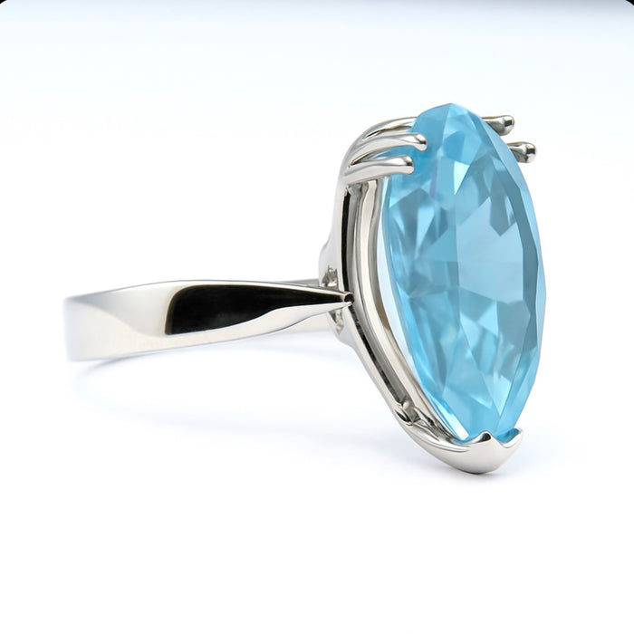The Capri Aquamarine — a 16 carat pear-cut sky-blue aquamarine ring by The Bardot Collection.